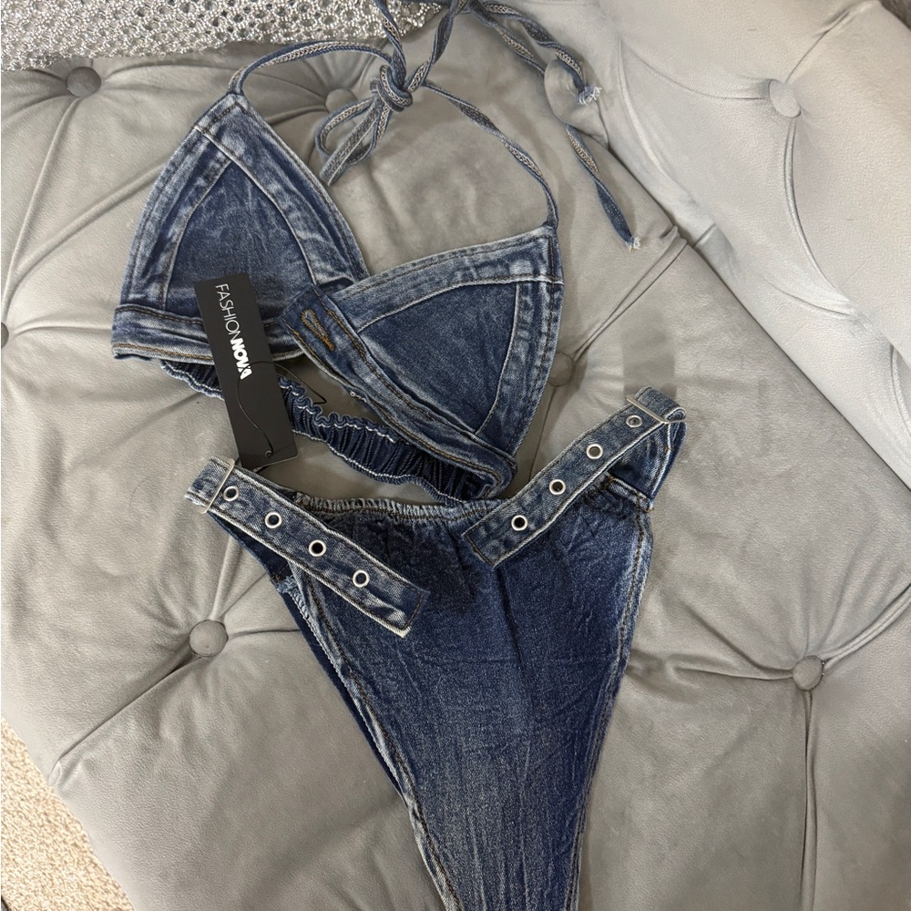NWT Fashion Nova Summer Cutoff Denim 2 Piece Bikini Swimsuit
